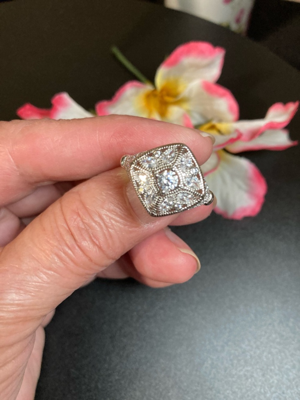 Vintage-Style Square CZ Statement Ring in 925 Sterling Silver.